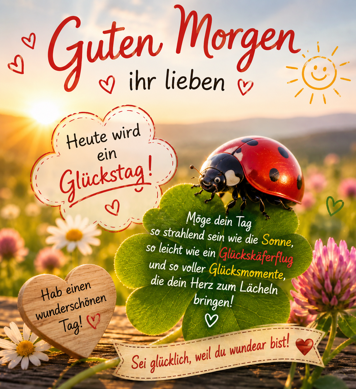 🌞🍀 Guten Morgen, ihr Lieben! 🐞❤️ Heute ist ein neuer Tag voller Möglichkeiten. Lass dein Herz lächeln, glaube an das Gute und nimm die kleinen Glücksmomente bewusst wahr. Manchmal reicht schon ein Lächeln, ein lieber Mensch oder ein kleiner Glückskäfer, um den Tag besonders zu machen. 🍀 Ich wünsche euch einen wundervollen Tag voller Glück, Gesundheit, Liebe und schöner Überraschungen. Möge das Glück euch auf jedem Schritt begleiten und eure Wünsche in Erfüllung gehen. 💚 ✨ Wenn du heute an dein Glück glaubst, hinterlasse ein 🍀 in den Kommentaren und teile diesen Beitrag mit Menschen, denen du ebenfalls einen glücklichen Tag wünschst. #GutenMorgen #Glück #Glückskäfer #Glückstag #PositiveVibes #Lebensfreude #Lächeln #Motivation #Herzensmensch #Dankbarkeit #Glücksmomente #SchönenTag #Liebe #Hoffnung #FacebookDeutschland Weniger anzeigen