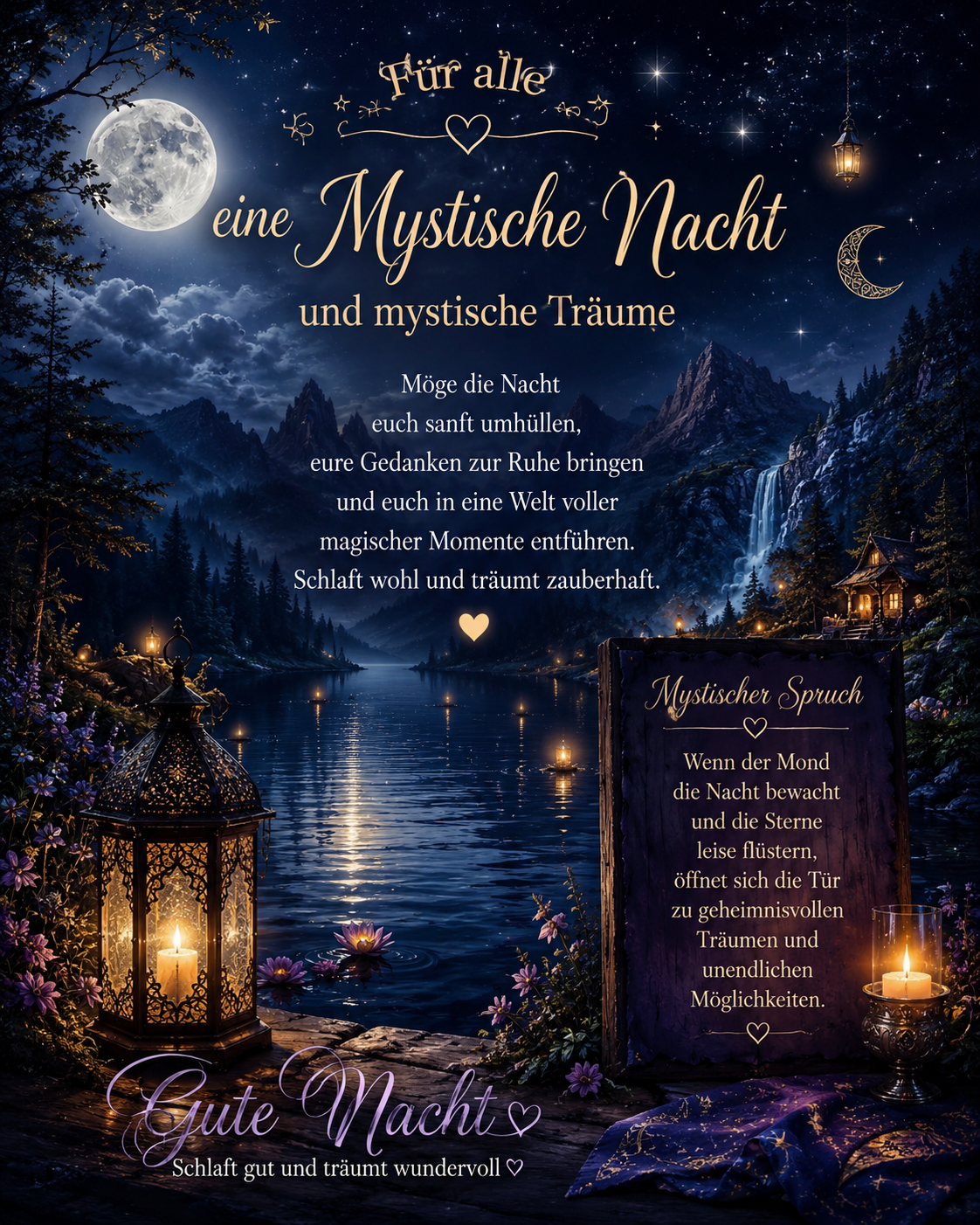 ✨🌙 Für alle Seelen, die heute Nacht den Zauber spüren... 🌙✨ Wenn der Mond sein silbernes Licht über die Welt legt und die Sterne ihre uralten Geheimnisse flüstern, beginnt die Zeit der Magie. ✨ Mögen eure Träume euch dorthin führen, wo die Seele Antworten findet, das Herz Frieden spürt und die Hoffnung neue Flügel erhält. Denkt daran: Nicht jede Nacht ist dunkel – manche sind voller verborgener Wunder. Wer mit offenem Herzen träumt, erkennt das Licht selbst in der tiefsten Finsternis. 🌌 Mystischer Spruch: „Die Sterne zeigen nicht den Weg – sie erinnern dich daran, dass dein inneres Licht heller leuchtet als jede Nacht.“ 💜 Ich wünsche euch allen eine zauberhafte, mystische Nacht voller magischer Träume und wundervoller Zeichen. ✨ Glaubst du an die Magie der Nacht? 🔮 Hinterlasse ein 🌙 in den Kommentaren und teile diesen Beitrag mit Menschen, die heute Nacht etwas Licht und Magie gebrauchen können. #MystischeNacht #MystischeTräume #MagieDerNacht #Mondlicht #Sternenzauber #SpirituelleReise #Energie #Seelenlicht #LichtUndLiebe #Universum #Traumwelt #Abendzauber #GuteNacht #Herzensmenschen #Achtsamkeit #PositiveEnergie #Inspiration #MagischeMomente #Naturmagie #FacebookDeutschland