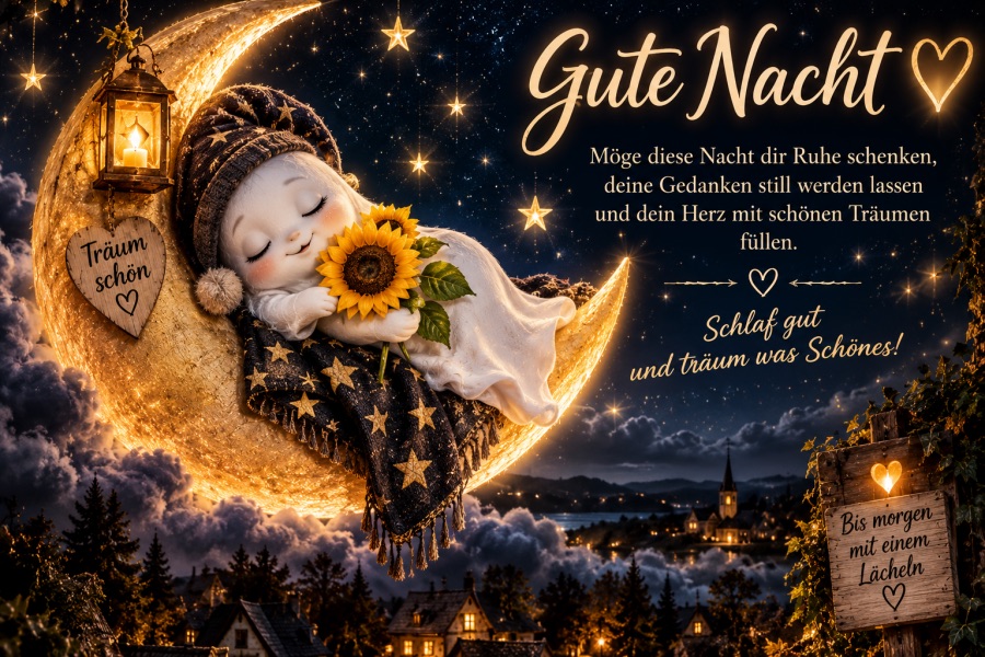 🌙✨ Schlaf schön, kleiner Stern – die Nacht passt auf dich auf! 💛 Möge der Mond deine Sorgen forttragen, der Sternenhimmel deine Träume behüten und die Stille der Nacht deinem Herzen Frieden schenken. Schlaf gut und erwache morgen mit einem Lächeln. 👻🌻💫