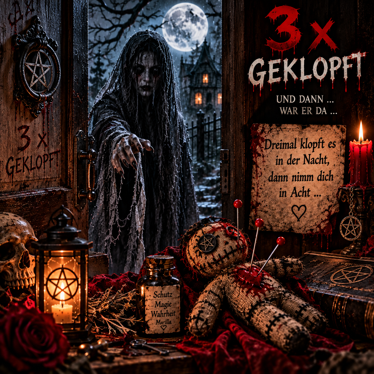🕯️ Marillas Gruselspruch Dreimal klopft es in der Nacht, ein fremder Gast ist aufgewacht. Beim ersten Mal, da schweige still, beim zweiten weiß er, was er will. Beim dritten hörst du seinen Schritt, dann nimmt er deine Seele mit. Drum öffne nicht, wenn keiner spricht – denn manche Gäste leben nicht. 💀