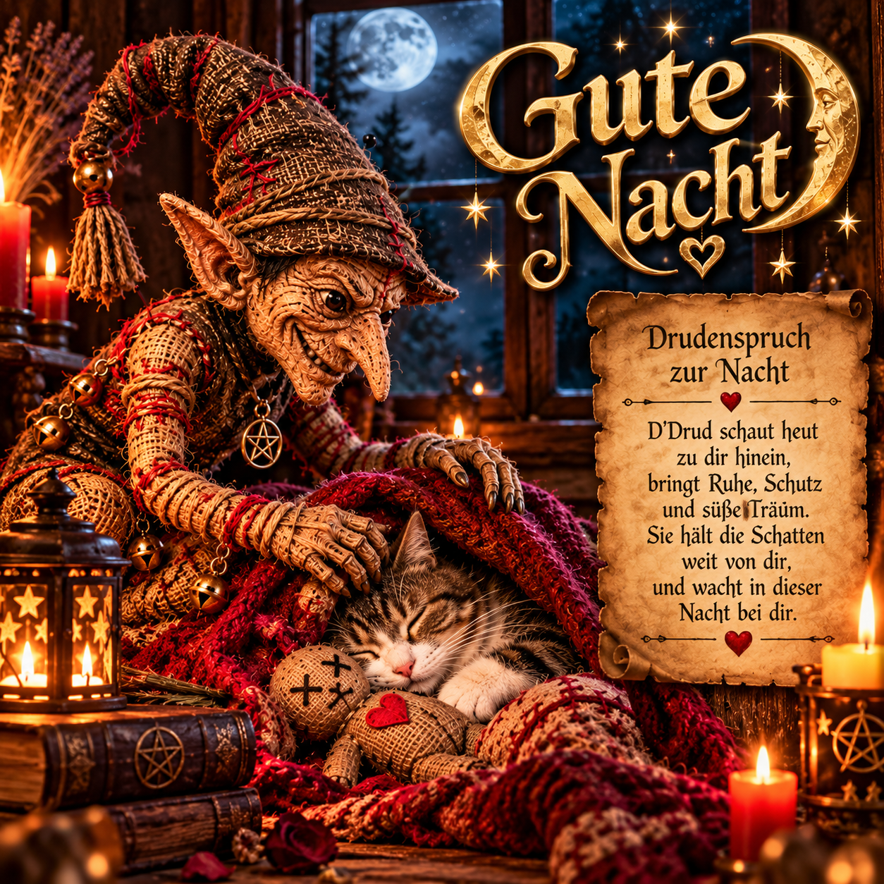 „D’Drud schaut heut zu dir hinein, bringt Ruh und Schutz ins Kämmerlein. Sie hält die dunklen Schatten fern und wacht bei dir im Licht der Stern’.“ 🌙